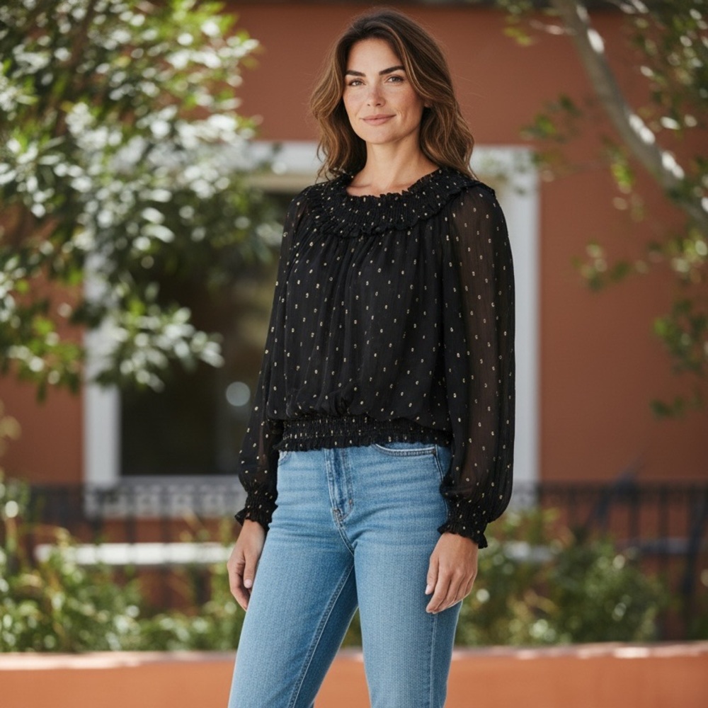 Ann Taylor Sheer Black Blouse with Gold Dots